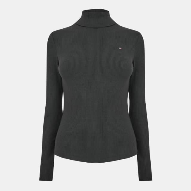 Tommy Hilfiger Womens Slim Rib Roll Neck Slim Fit Long Sleeve T-Shirt Black female 10 (S)