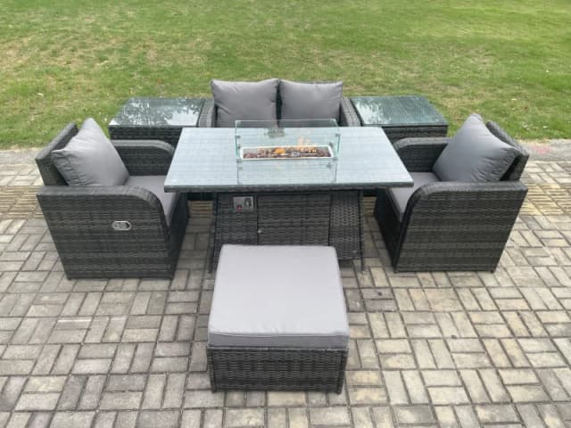 Fimous Rattan Garden Furniture Set Outdoor Patio Gas Fire Pit Dining Table and Chairs with 2 Side Tables Dark Grey