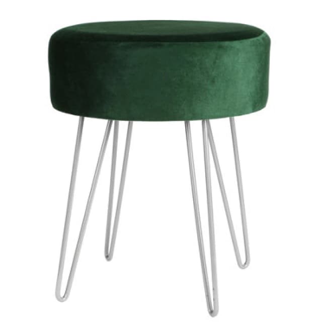Harbour Housewares Velvet Footstool - Round Modern Dressing Table Footstool Vanity Seat Chairs - 40 X 35Cm - Green/silver