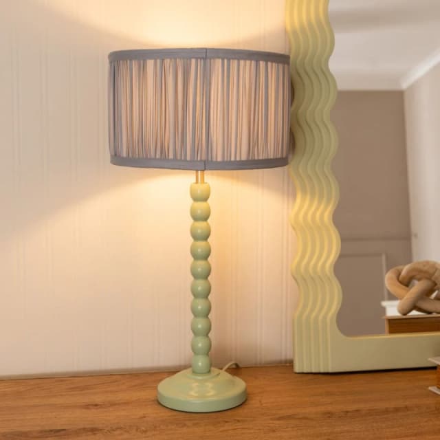 ValueLights Bobbins Sage Green Table Lamp with Ruched Pleated Drum Lamp Shade Baby Blue