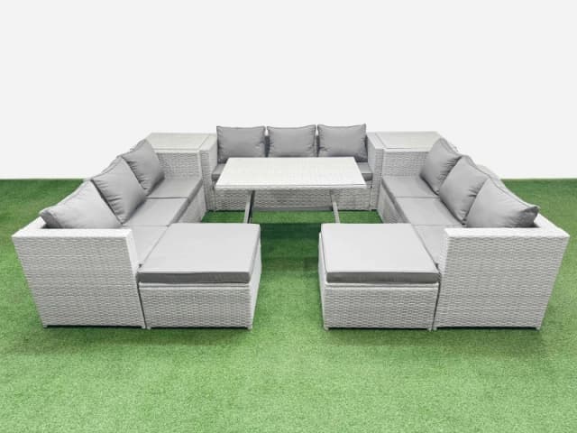 Fimous 11 Seat Outdoor Patio Pe Rattan Garden Furniture With Cushions 3 Seater Sofa 2 Side Tables 2 Big Stools Light Grey