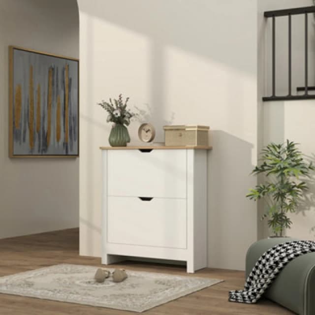 HOMCOM 12-Shoe Storage Cabinet 4 Shelves 2 Drawers Tabletop High Gloss White White Unisex