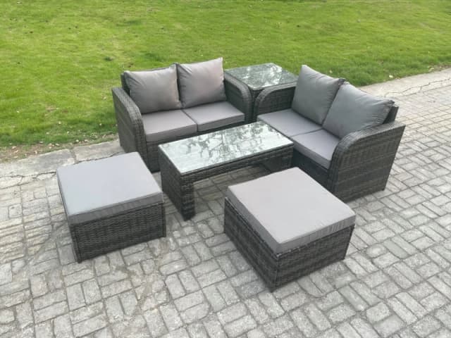 Fimous Rattan Wicker Garden Furniture Patio Conservatory Sofa Set with Rectangular Coffee Table Reclining Chair Love Sofa Big Footstool Side Table Dar