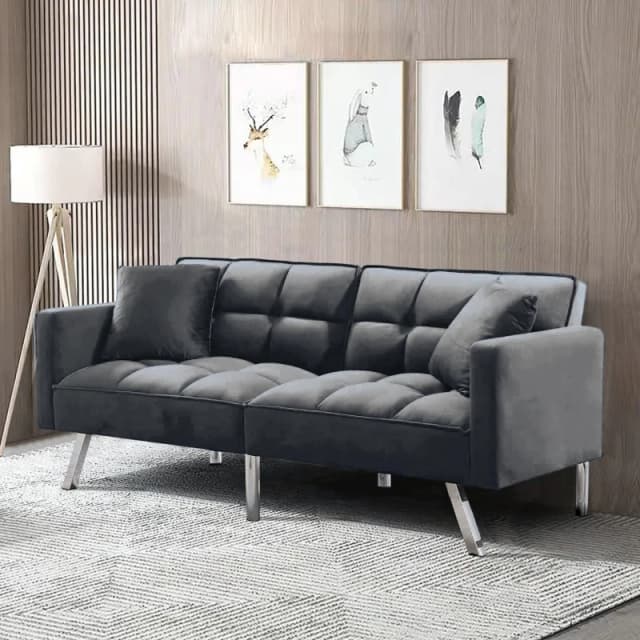 KOSY KOALA Sofa Bed 2 Seater Grey Velvet Click Clack Sofa Settee Recliner Couch with Metal Legs with 2 Pillows Grey