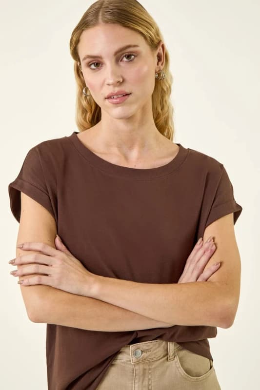 Roman Womens Plain Stretch Cotton Jersey T-Shirt in Chocolate Size: 10 Chocolate Female 10