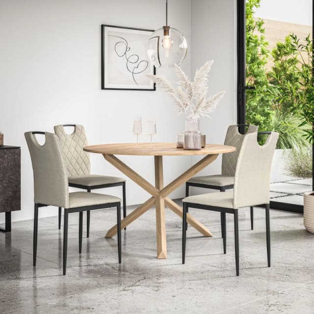 More4Homes Malvern Round Dining Table And Chairs - Oak Table Top W Solid Oak Legs + Monza Fabric Dining Chair Set Of 4 (Beige)