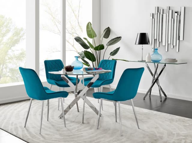 FurnitureboxUK FurnitureboxUK Novara Clear Tempered Glass 100cm Round Dining Table with Chrome Starburst Legs & 4 Pesaro Velvet Silver Leg Chairs in B