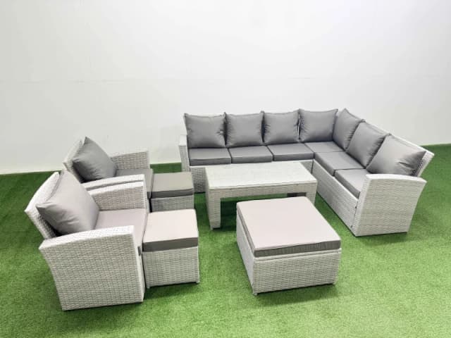 Fimous Rattan Furniture Set 8 Pieces Outdoor Sofa Coffee Table with 2 Chairs in Light Grey Light Grey Unisex