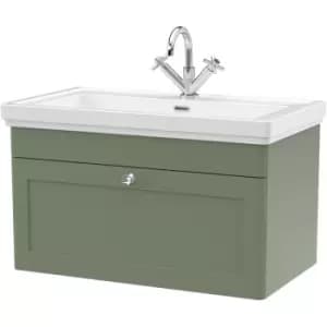 Nuie Classique Wall Hung 1-Drawer Vanity Unit with Basin 800mm Wide Satin Green - 1 Tap Hole