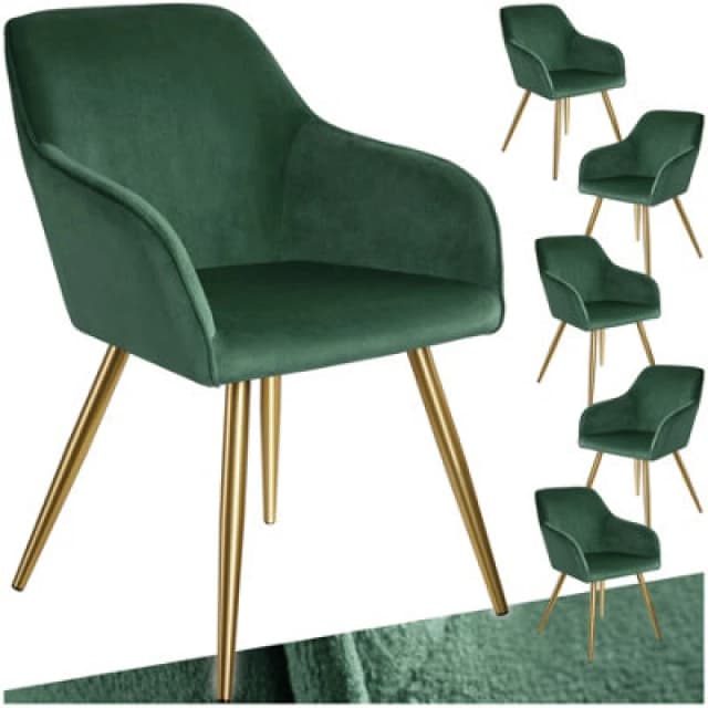 Tectake Set Of 6 Chair Marilyn With Velvet Cover, Gold Steel Legs And Plush Padding - Dark Green/gold
