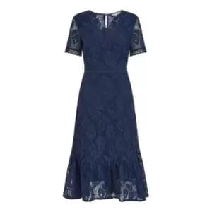 Yumi Navy Lace Midi Dress With Ruffle Hem - Blue