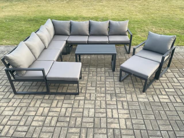Fimous Aluminium Outdoor Garden Furniture Set Lounge Corner Sofa Chair Oblong Coffee Table Sets with 2 Big Footstools Dark Grey Dark Grey Unisex