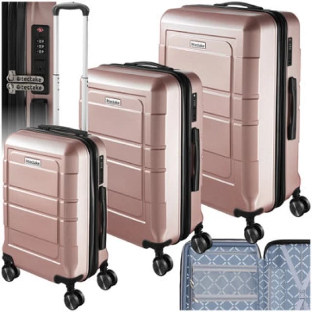 Tectake Suitcase Luggage Set - L, M & S Sizes, Abs Plastic, Swivel Wheels, Combination Lock - Rose Gold