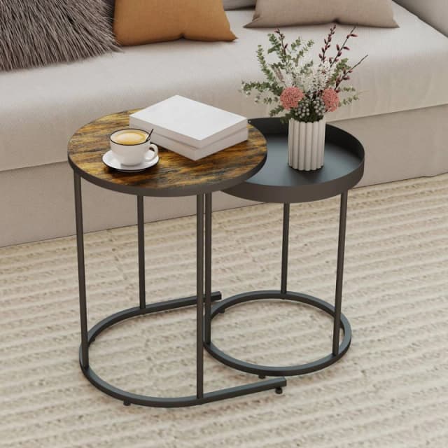 HOMCOM HOMCOM Round Nesting Side Table Set of 2 with Metal Frame for Living Room in Brown Brown One Size Unisex 5063603962224