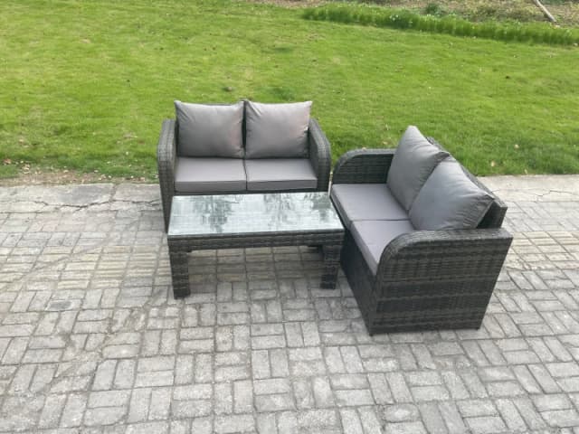 Fimous Outdoor Garden Furniture Sets Wicker Rattan Furniture Sofa Sets with Rectangular Coffee Table Dark Grey
