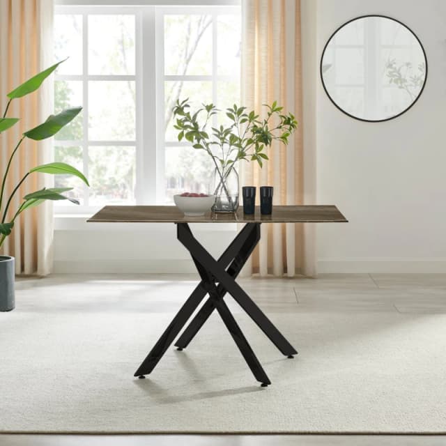 FurnitureboxUK FurnitureboxUK Leonardo 4-Seater Dining Table With Marble Effect Glass Top And Black Metal Legs in Dark Brown Dark Brown One Size Unise