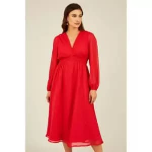 Yumi Red Metallic Dobby Midi Dress - Red