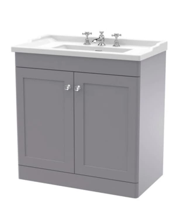 Nuie Classique 800mm Floor Standing 2-Door Vanity Unit With Marble Top-Satin Grey