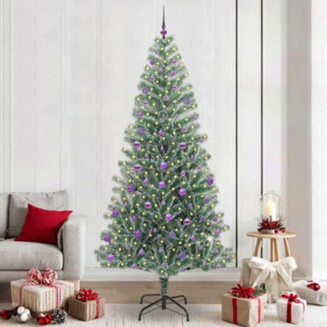 vidaXL Artificial Christmas Tree Snow Flocked with LED Light, Lilac Balls 240 cm, Green 3396839