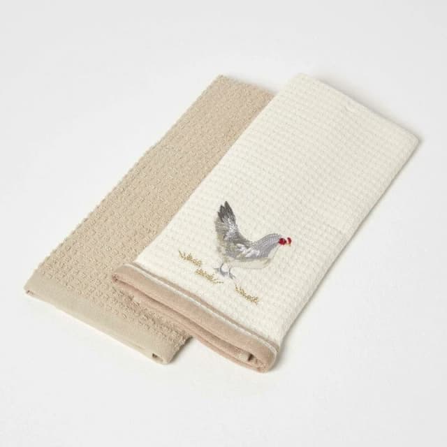 Homescapes Rooster Waffle Cotton Tea Towels, Set of 2 Natural