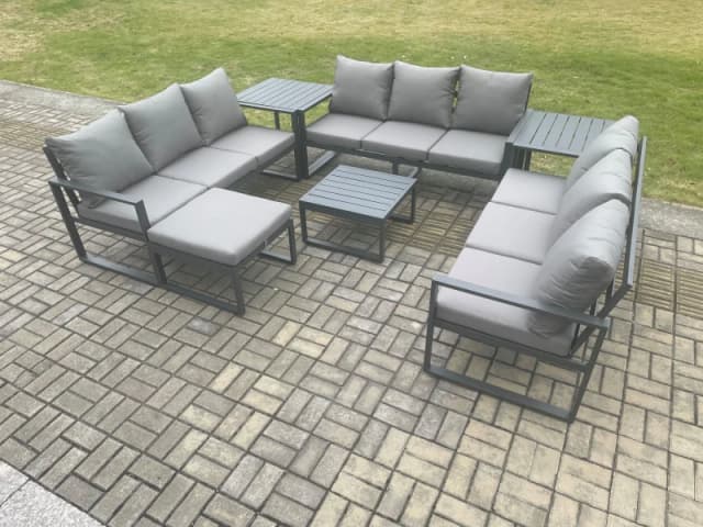 Fimous Aluminium 10 Seater Outdoor Garden Furniture Set Patio Lounge Sofa with Coffee Table 2 Side Tables Big Footstool Conservatory Set in Dark Grey