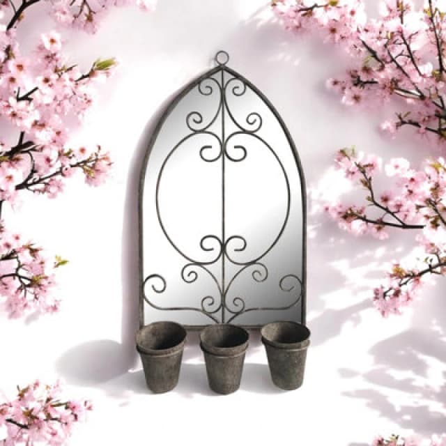 Minster Rusty Wall Mirror With Triple Planter - Distressed Metal - L15 X W45 X H73 Cm