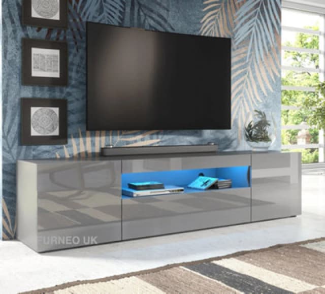 Furneo 200Cm Long TV Stand Unit Cabinet Matt & High Gloss Grey Clifton 08G Blue LED Ligh