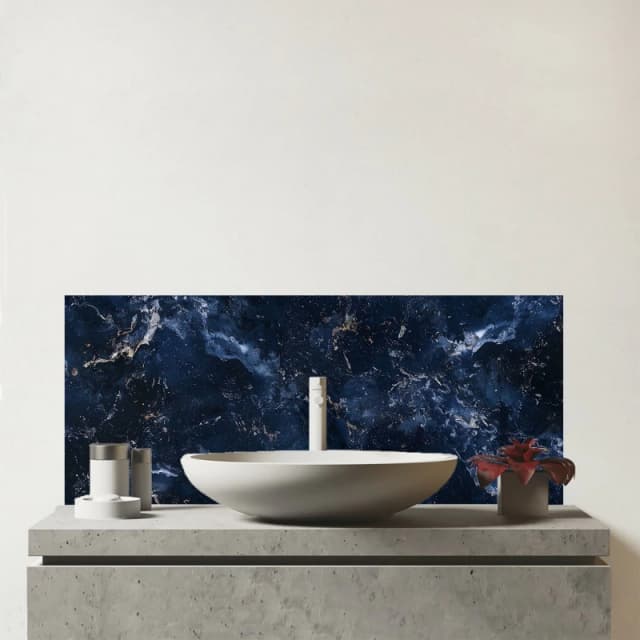 Warren Reed - Designer Navy Blue Quartz Effect Glass Bathroom Splashback Blue Unisex