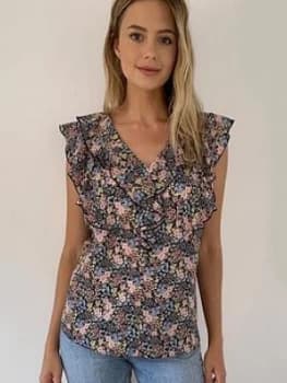 Wallis Petite Ditsy Ruffle Top - Black, Size 10, Women