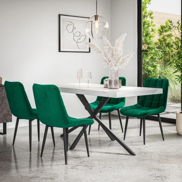 More4Homes Donni Dining Table And Chairs - White Marble Effect Table Top W Black Legs + Nova Velvet Dining Chair Set Of 4 (Green)