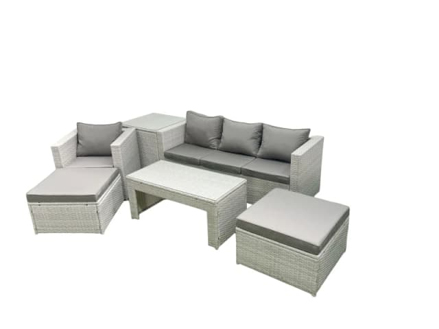 Fimous Outdoor Rattan Garden Furniture Set with Grey Cushions Luxury 6 Seater with 2 Big Footstools and Coffee Table,Side Table For Conservatory,Patio