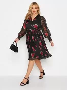 Yours Rose Floral Dobby Pleat Shirt Dress - Black, Size 22, Women