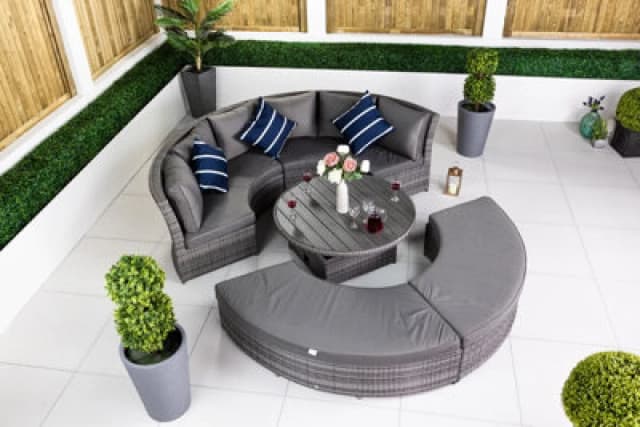 Giardino 2-In-1 Round Rattan Garden Sofa Daybed Set With Adjustable Table, Water-Resistant, Assembled - Grey
