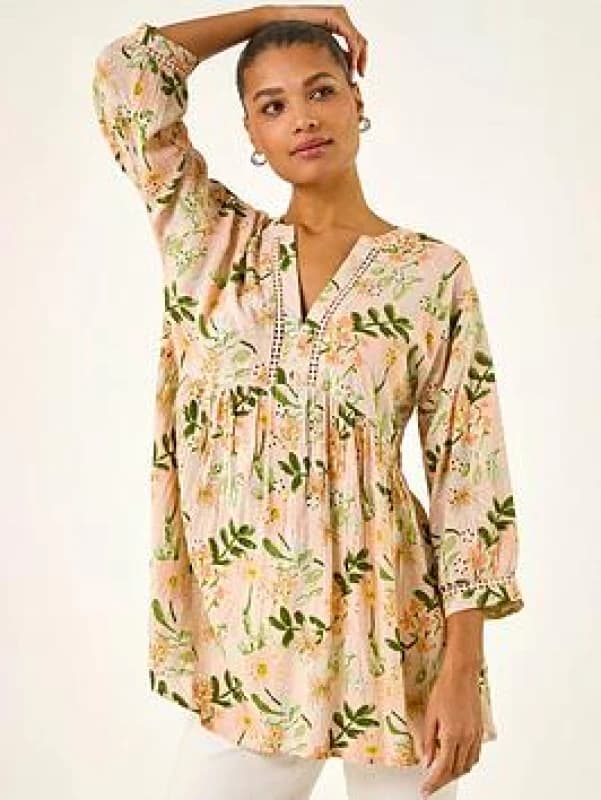 Roman Womens Floral Broderie Trim Tunic Top in Peach Size: 20 Peach Female 20