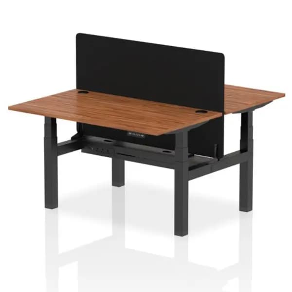 Air Air Back-to-Back 1400 x 800mm Height Adjustable 2 Person Bench Desk Walnut Top with Cable Ports Black Frame with Black Straight Screen HASCP2P148