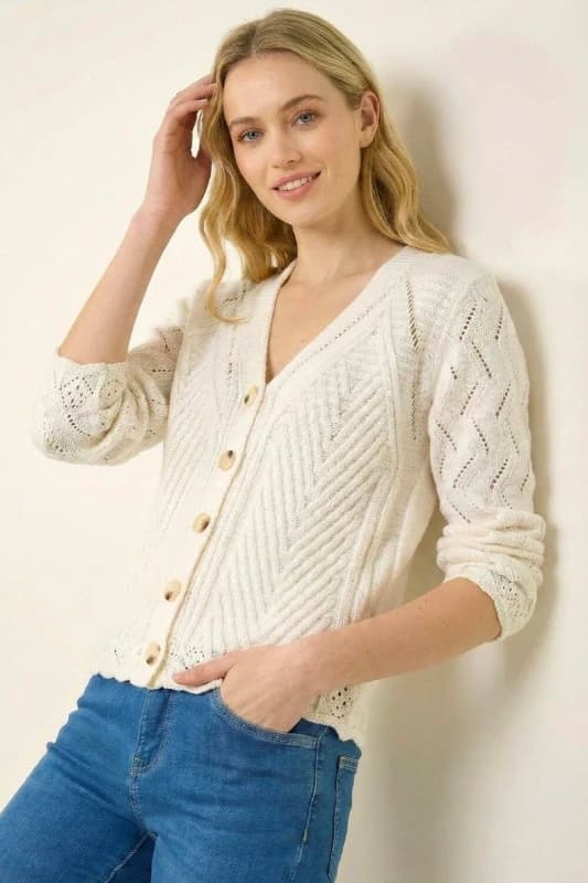 Roman Womens Scallop V-Neck Knit Cardigan in Ivory Size: 12 Ivory Female 12