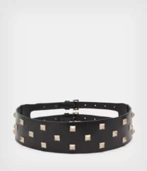 AllSaints Womens Sonia Stud Wide Leather Belt, Black/warm Brass, Size: S