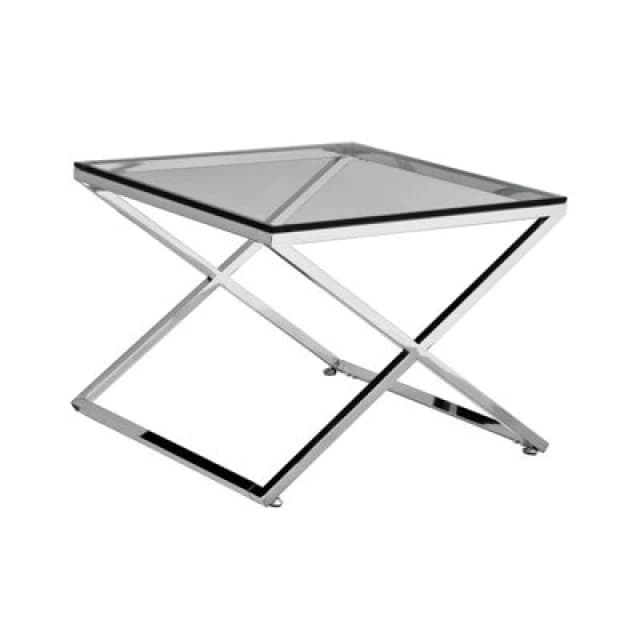 Orsina Glass Side Table With Metal Criss Cross Design, Glass Top Side Table, Silver Side End Table For Living Room