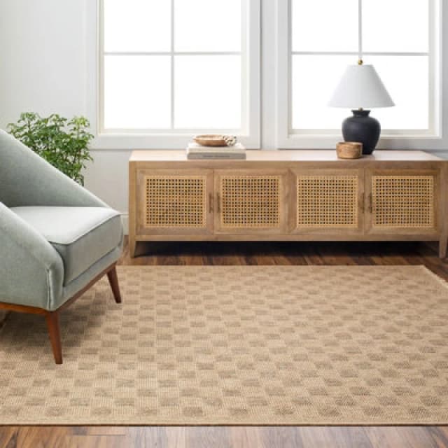Livabliss In- & Outdoor Cottage Jute-Look Light Brown Checkered Tori Area Rug 200 X 275cm - Perfect For Balcony Or Dining Room