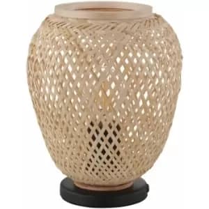 Table Lamp Desk Light Black Base & Round Wicker Wood Shade 1 x 40W E27 Bulb