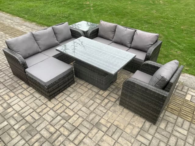 Fimous Outdoor Rattan Garden Furniture Sets Height Adjustable Rising lifting Dining Table Sofa Set with Reclining Chair Big Footstool Dark Grey