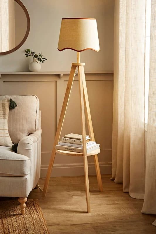ValueLights Morrigan Light Wood Tripod Floor Lamp with Scallop Trim Tapered Lamp Shade Burnt Orange