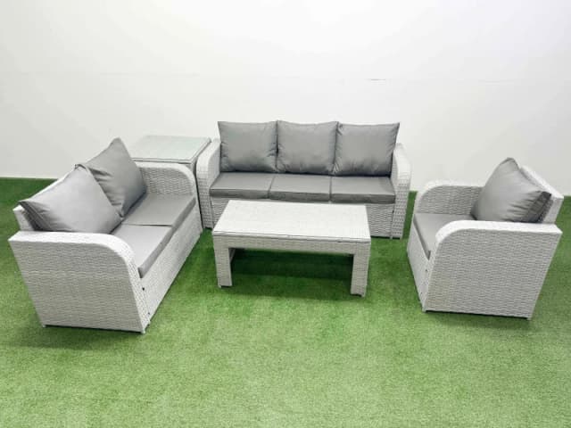 Fimous Patio PE Wicker 6 Seater Outdoor Rattan Furniture Sofa Sets with Oblong Coffee Table Reclining Chair Loveseat Sofa 3 Seater Sofa Side Table Lig