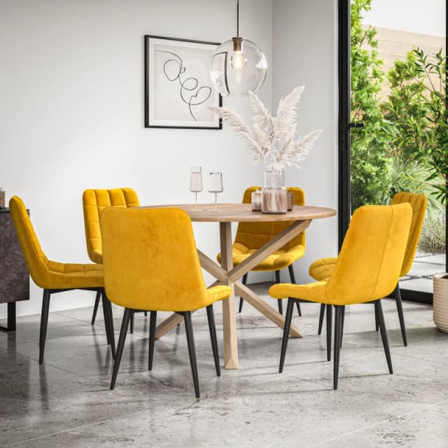 More4Homes Malvern Round Dining Table And Chairs - Oak Table Top W Solid Oak Legs + Nova Velvet Dining Chair Set Of 6 (Mustard)