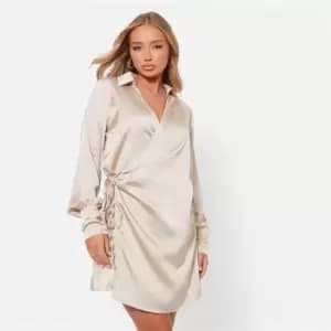 I Saw It First Wrap Tie Side Satin Shirt Dress - Cream