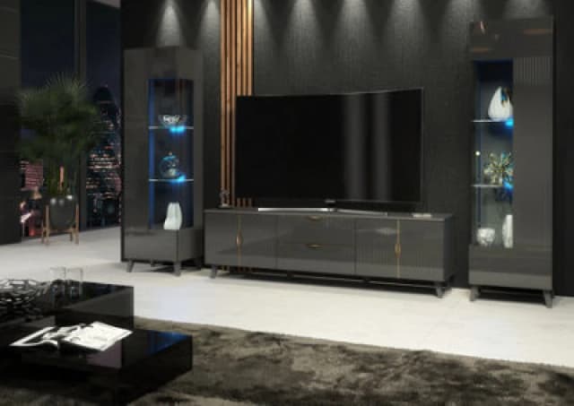 Furneo Grey Living Room Set TV Stand Display Cabinets High Gloss & Matt Azzurro 10/12G Blue LED Lights