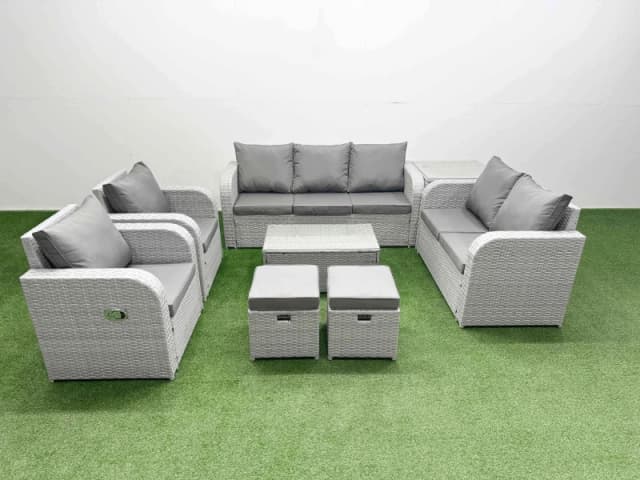 Fimous PE Rattan Garden Furniture Set Adjustable Chair Sofa Double Love Seat 2 Seater Sofa Lounge Set Oblong Coffee Table 2 Stools Side Table Light Gr