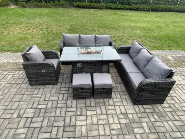 Fimous 9 Seater Wicker Rattan Garden Furniture Set Gas Fire Pit Dining Table Reclining Chair 3 Seater Sofa Set Indoor Outdoor with 2 Footstools Dark G