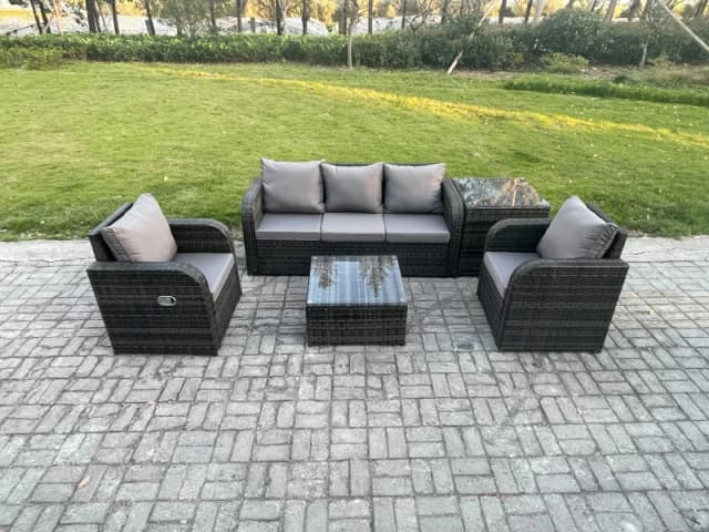 Fimous Garden Furniture Sets 5 Seater Wicker Rattan Furniture Patio Sofa Sets with Reclining Chair 3 Seater Sofa Side Table Dark Grey