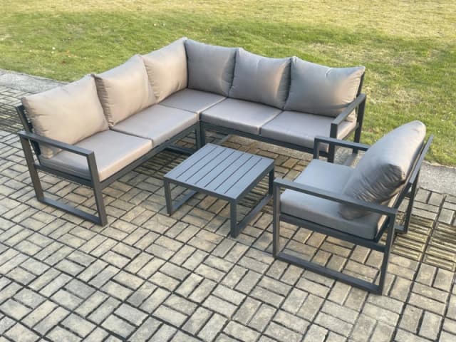 Fimous Outdoor Garden Furniture Set Aluminium Lounge Sofa Square Coffee Table Sets with Chair Indoor Conservatory Set Dark Grey Dark Grey Unisex